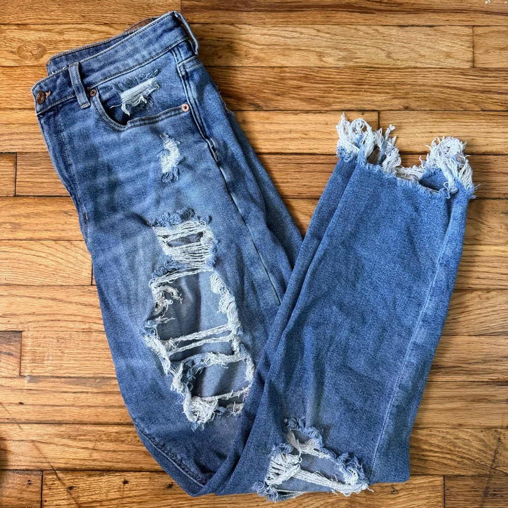 American Eagle Outfitters Distressed Highest Rise Mom Stretch Jeans Extra Long